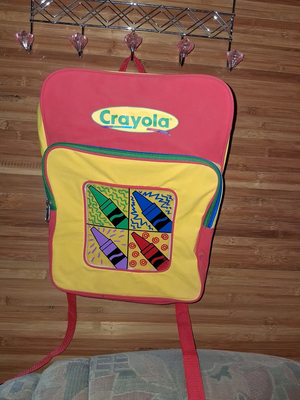 Vintage 1990 Crayola Red and Yellow Kids Backpack with Colorful Crayon Patch